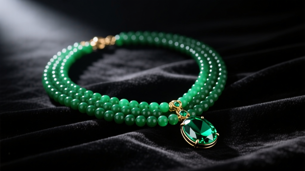 Multi-strand emerald bead necklace with cabochon pendant resting on dark velvet under dramatic and moody jewelry studio lighting