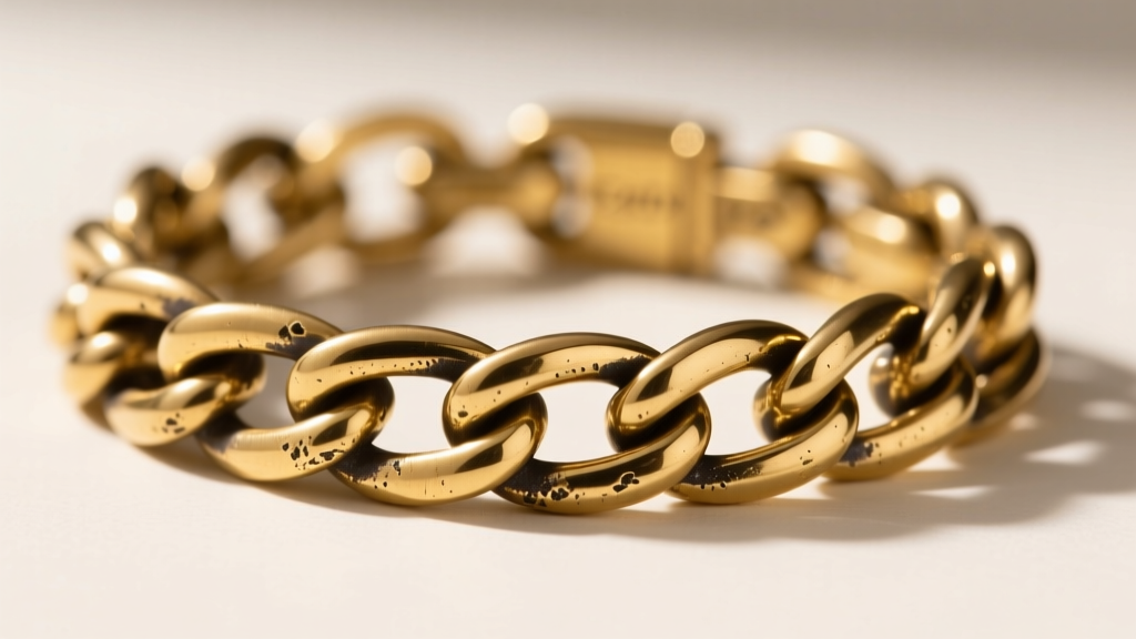 Macro shot of a Coach gold-plated brass chain link bracelet showing slight edge wear, revealing the darker underlying base metal.