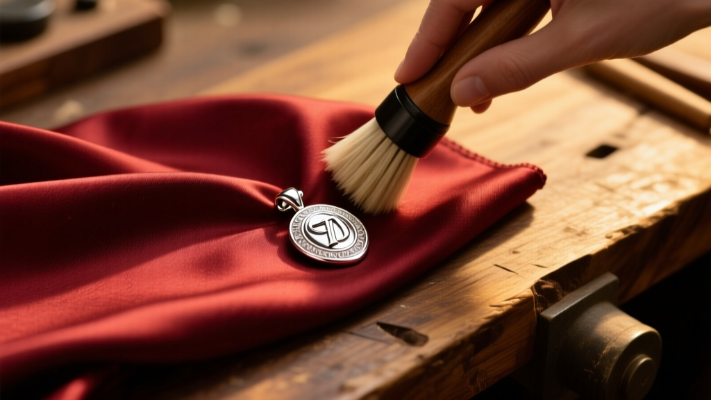 Overhead view of a rouge-infused cloth buffing a silver pendant clasp on a wooden workbench under warm, focused studio lighting.