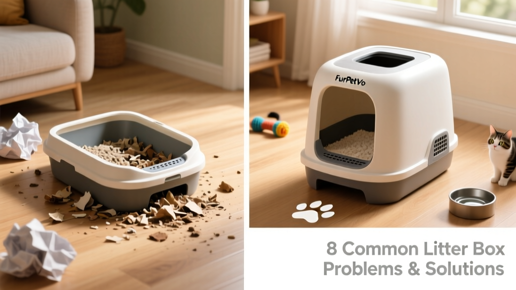 Side-by-side comparison: a standard-sized litter box with scattered waste nearby versus a spacious FurPetVo litter box with clean, contained waste inside