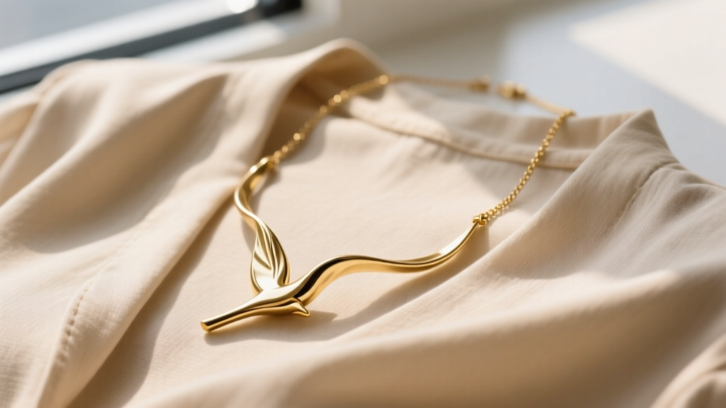 Close-up of a sculptural 14k gold vermeil Jenny Bird necklace on a beige linen blouse, highlighting the polished metal texture.