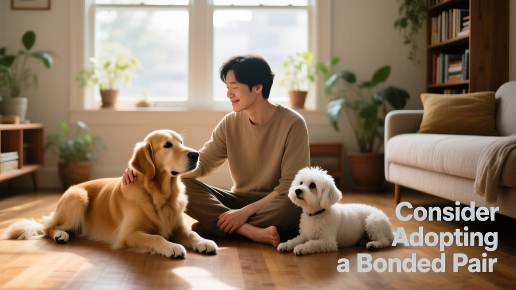 A person sitting on the floor, gently petting one dog while the other rests peacefully beside them