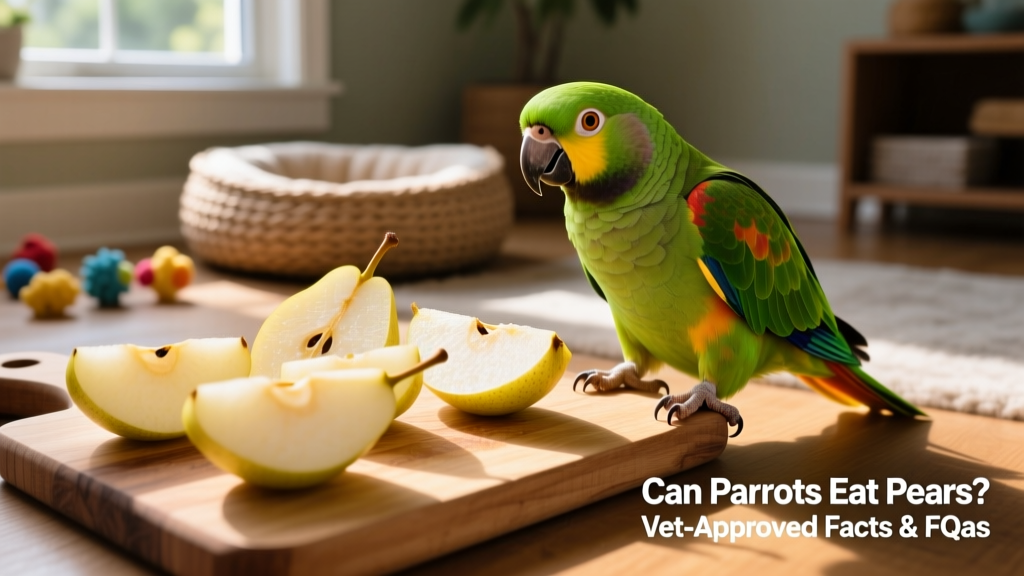A vibrant green and yellow pear sliced into thin wedges beside a curious parrot on a perch