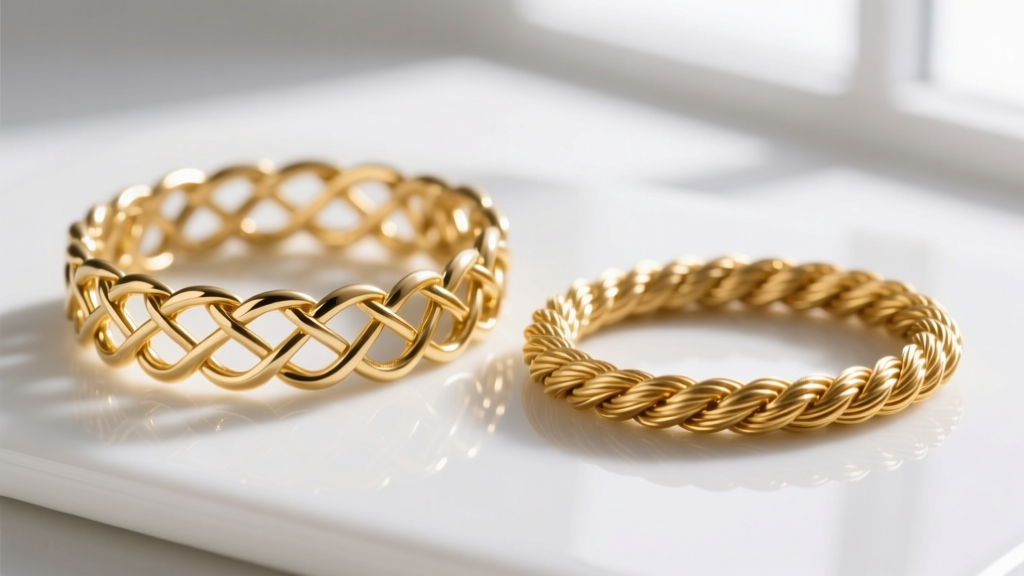 Macro view of a hollow electroformed 14K gold rope chain beside a solid drawn-wire 14K gold rope chain on white ceramic surface.
