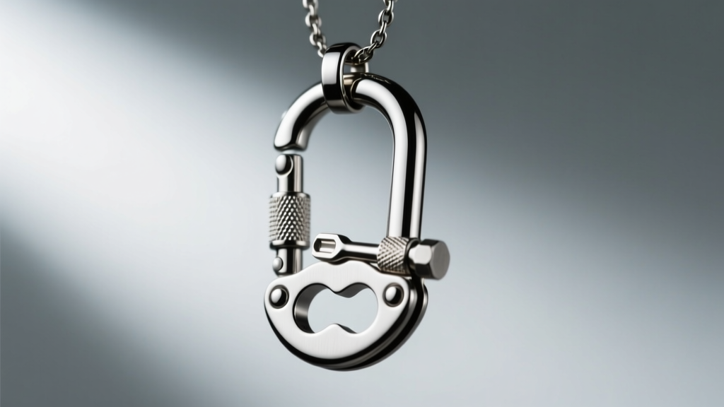 Macro shot of a stainless steel multi-tool pendant shaped like a carabiner, featuring a built-in hex wrench and bottle opener.