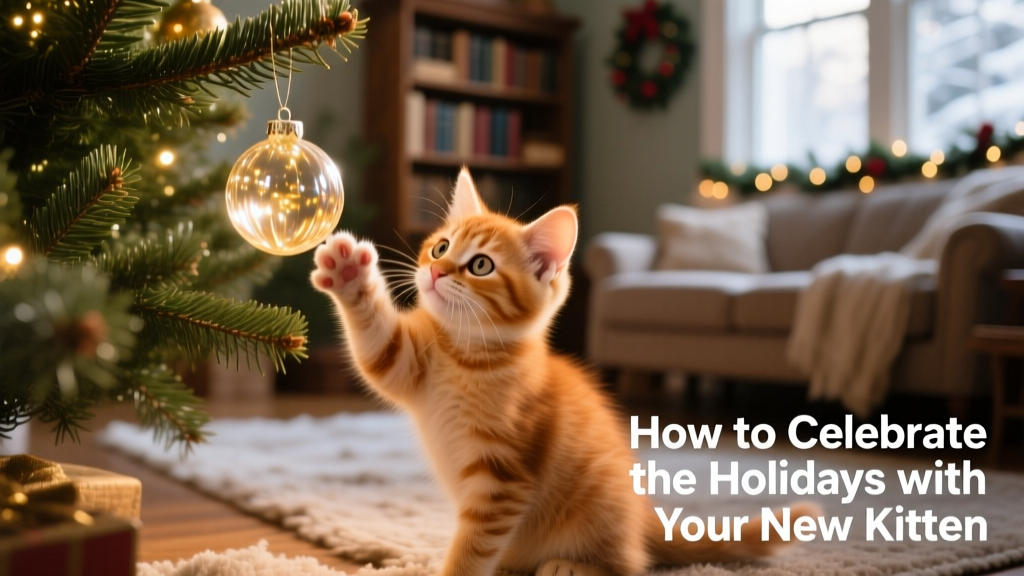 A curious kitten gently batting at a low-hanging ornament on a decorated Christmas tree