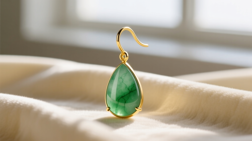 Close-up of an 18k yellow gold French hook ear wire holding a teardrop jade dangle, photographed on soft cream velvet.