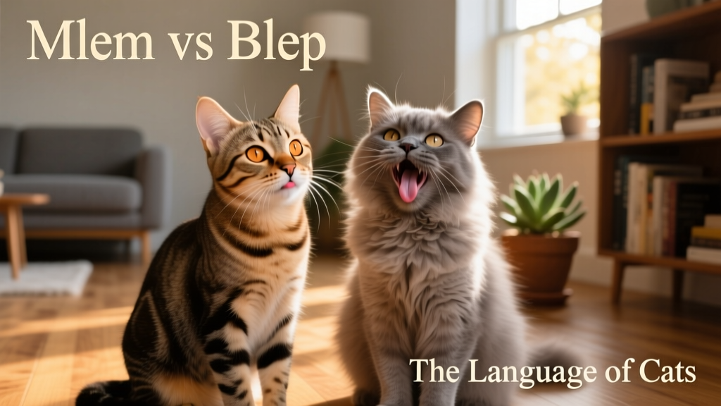 Two cats side by side—one doing a gentle mlem, the other caught mid-blep