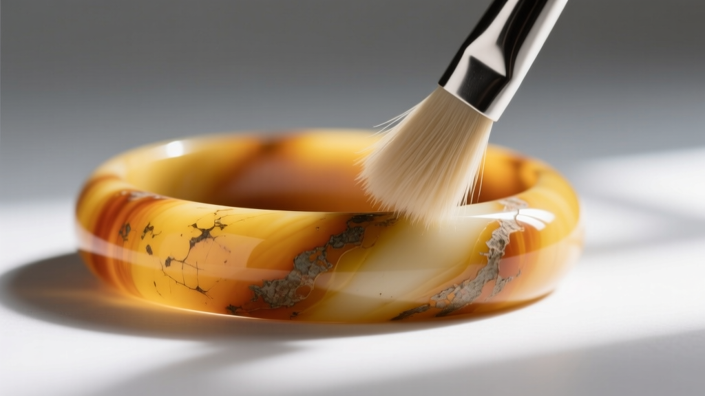 Macro shot of a soft brush dusting a yellow Bakelite bangle, highlighting its natural aged patina under soft directional light.