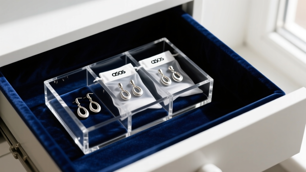 Acrylic organizer with anti-tarnish bags holding silver-tone ASOS drop earrings, resting inside a dark velvet-lined drawer.