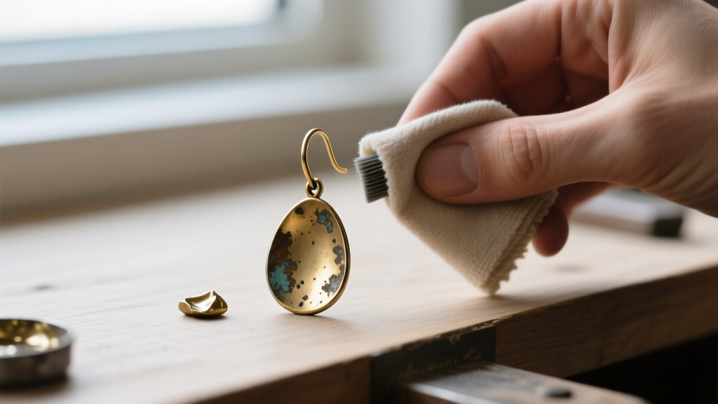 Workbench showing a tarnished brass drop earring being polished with a microfiber cloth and specialized non-abrasive metal paste.