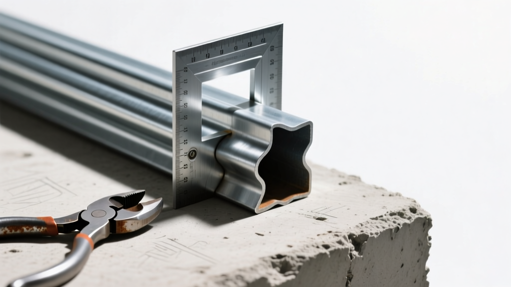 Close-up of a magnetic steel framing square on a galvanized metal C-stud, with aviation snips resting on a concrete subfloor.