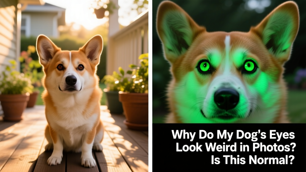 Side-by-side comparison showing a dog's eyes with and without green eye glow in similar lighting conditions
