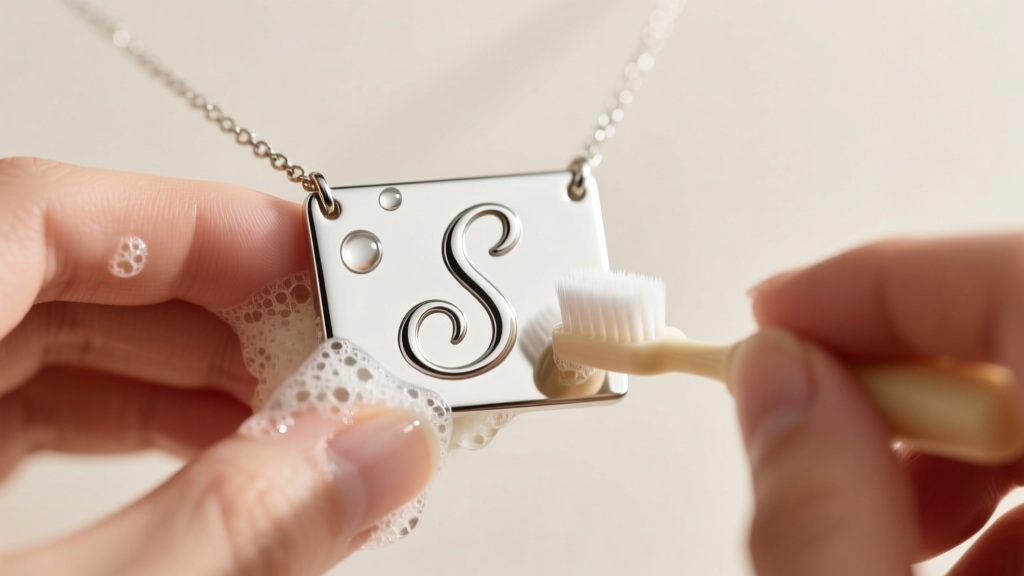 Hands gently scrubbing the cursive letter S of a silver nameplate necklace with an extra-soft baby toothbrush and soapy water.