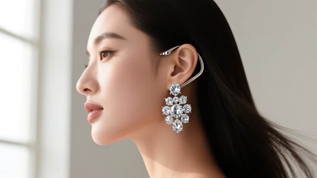 Side profile of a woman wearing heavy diamond studs, showing how a hidden ear jacket supports weight and prevents earlobe drooping.