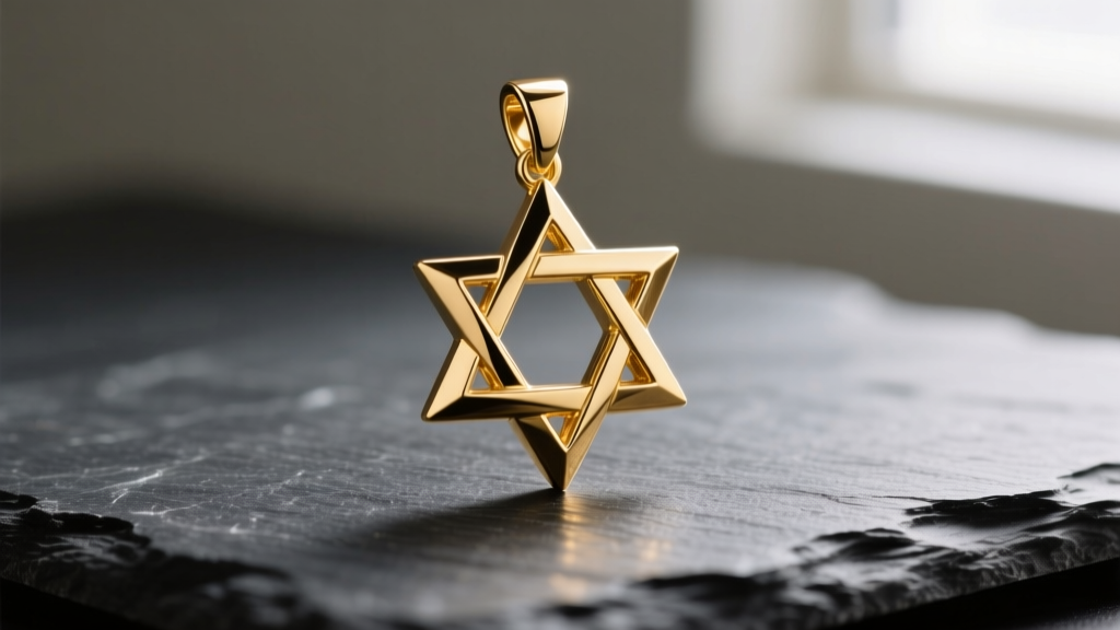 Close-up of a polished 18k yellow gold Star of David pendant on dark slate, highlighting beveled edges and light reflection.