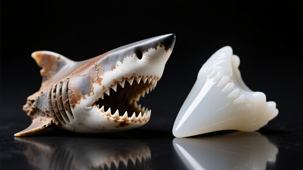 Macro view of real fossilized shark tooth serrations next to a smooth polyurethane resin replica under bright studio lighting