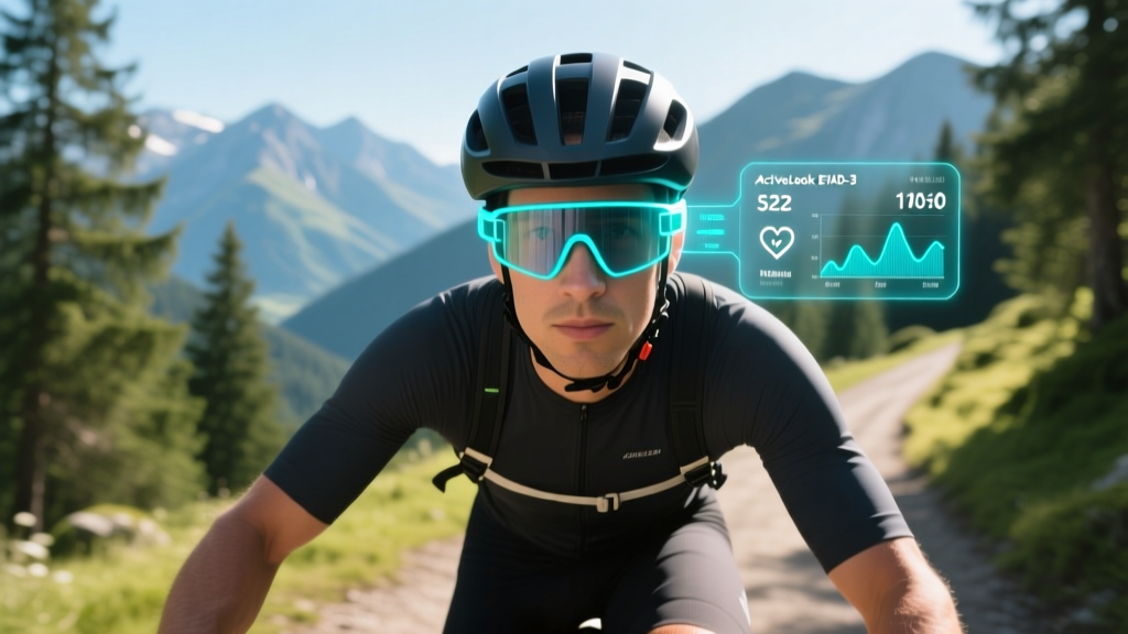 Cyclist wearing ActiveLook EVAD-3 AR glasses on a mountain trail with digital telemetry overlay visible on the right lens
