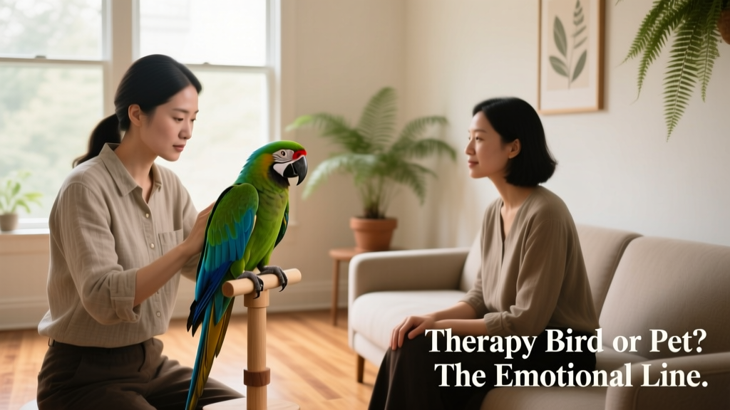 A FurPetVo-certified trainer working one-on-one with a client and their calm, attentive macaw in a quiet therapy room