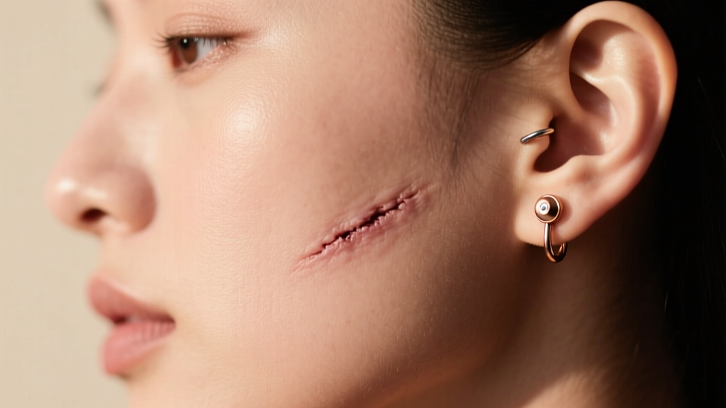 Side profile of a healed cheek dermal piercing with a low-profile threadless bezel top in anodized rose gold titanium
