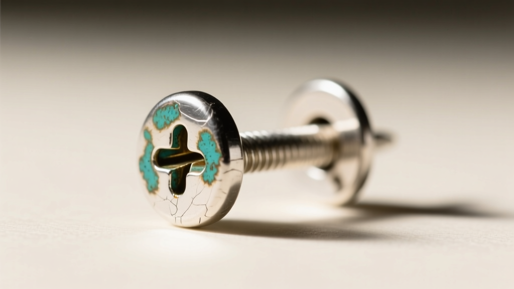 Macro shot of an 18-gauge sterling silver earring post with a vintage screw-back mechanism showing tarnish near the solder joint.