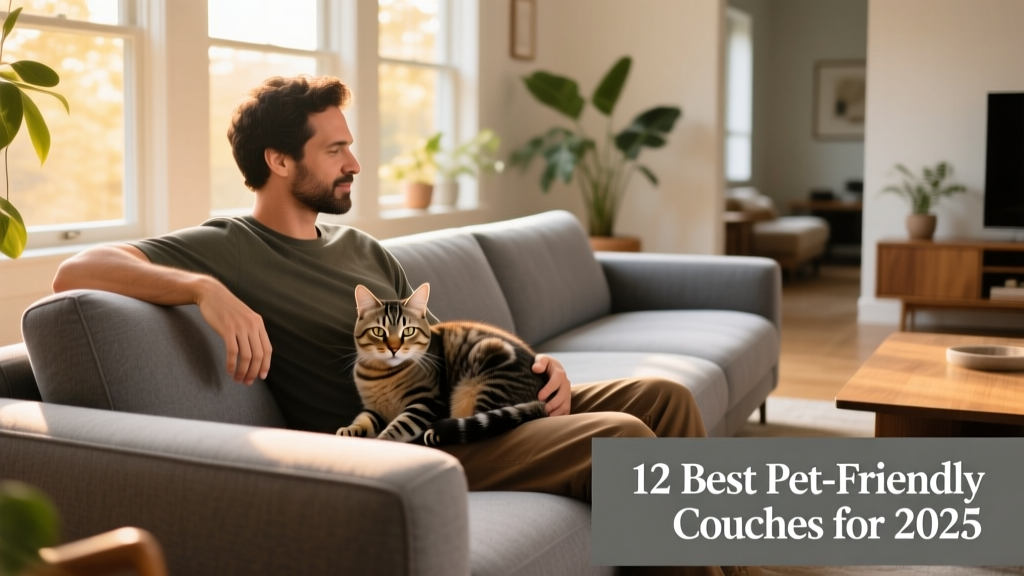 A person sitting on a grey sectional couch with their arm gently around a relaxed cat