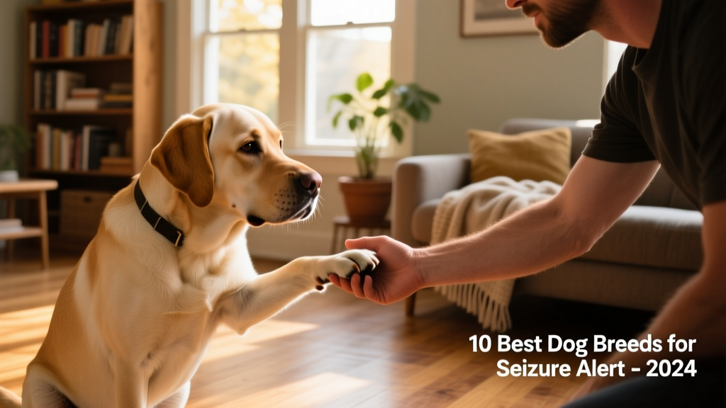 A calm, focused dog gently nudging its handler’s hand—a demonstration of seizure-alert behavior