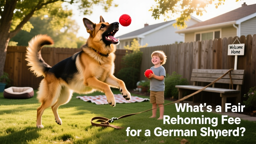 German Shepherd happily playing fetch in a fenced yard with a new family member