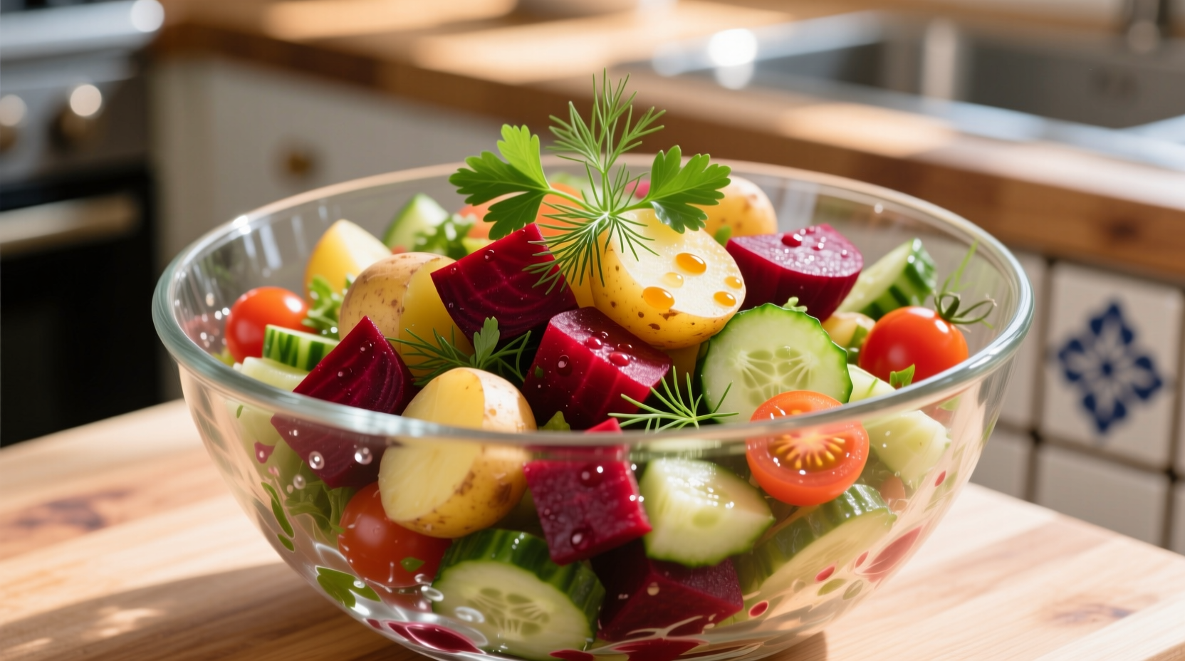 Colorful beet and potato salad in glass bowl