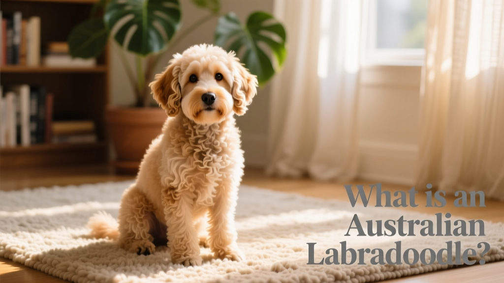 A young Australian Labradoodle indoors, sitting calmly on a sunlit rug with soft focus background, highlighting its plush coat and gentle expression