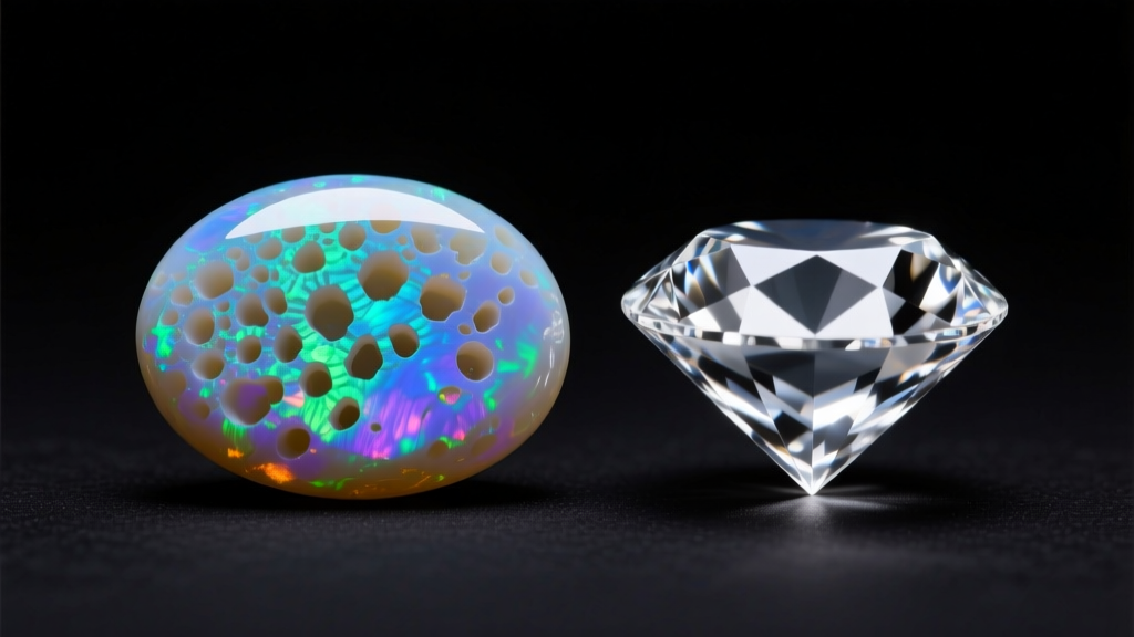 Macro shot of a porous opal cabochon beside a faceted diamond under soft directional studio lighting to show surface differences.