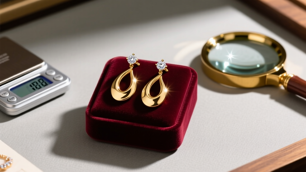 Jewelry appraisal desk with a loupe, digital scale, and velvet box displaying organic-shaped 18k gold and diamond drop earrings.
