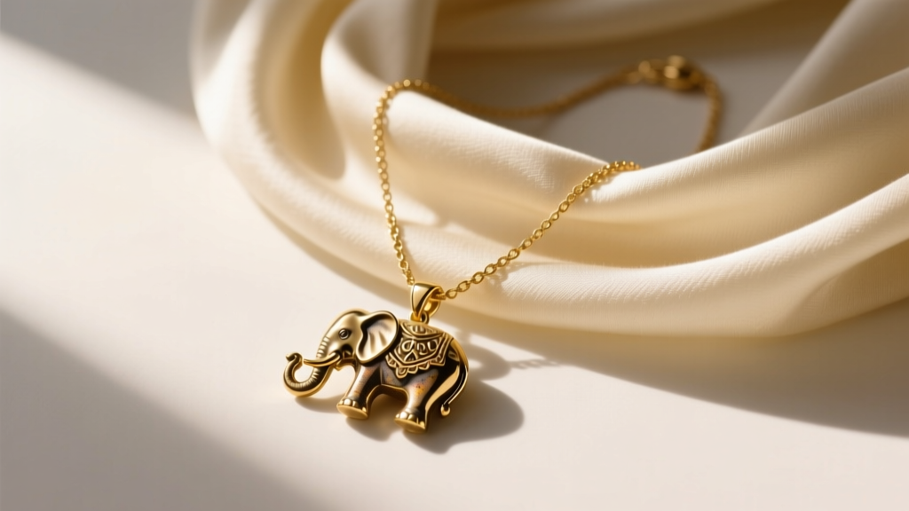 Flat lay of a vintage gold-plated J.Crew elephant pendant necklace on a cream silk scarf with soft directional morning lighting.