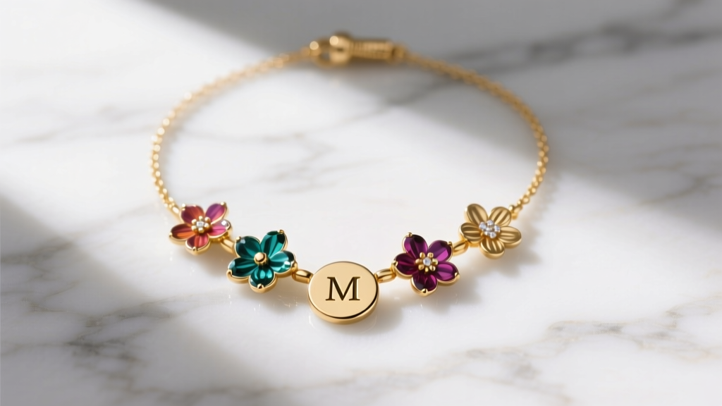 Elegant flat lay of a modular 14k gold mom charm necklace with minimalist initial and birth flower charms on white marble.