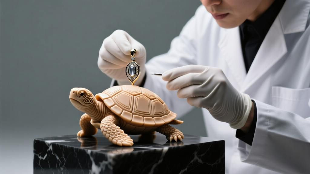 Jeweler examining a 3D CAD wax model of a turtle pendant under bright studio lighting before gold casting and diamond setting.