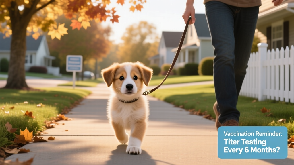 Small puppy on a leash walking confidently on a quiet, leafy suburban sidewalk away from other dogs