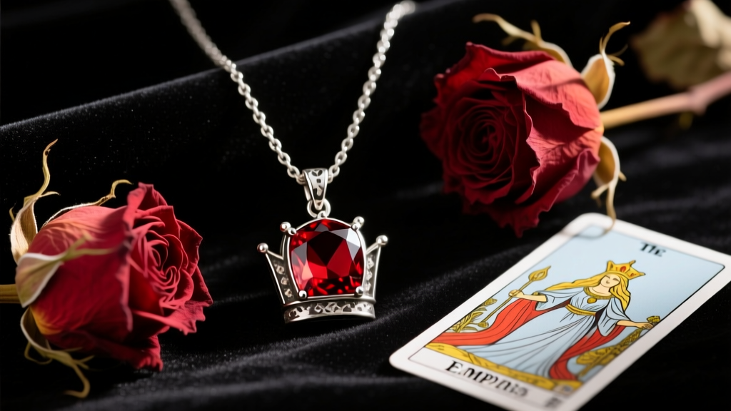 Close-up of an oxidized silver necklace with a red carnelian crown pendant on dark velvet, flanked by dried roses and tarot.