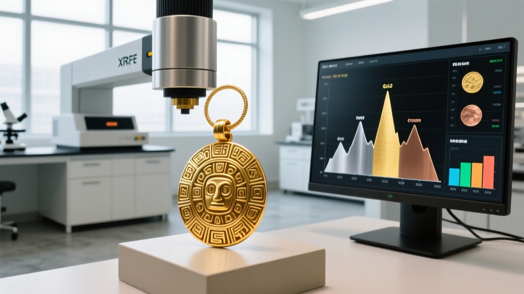 XRF scanner analyzing an Aztec gold pendant, displaying elemental composition data on a connected digital monitor screen in a lab