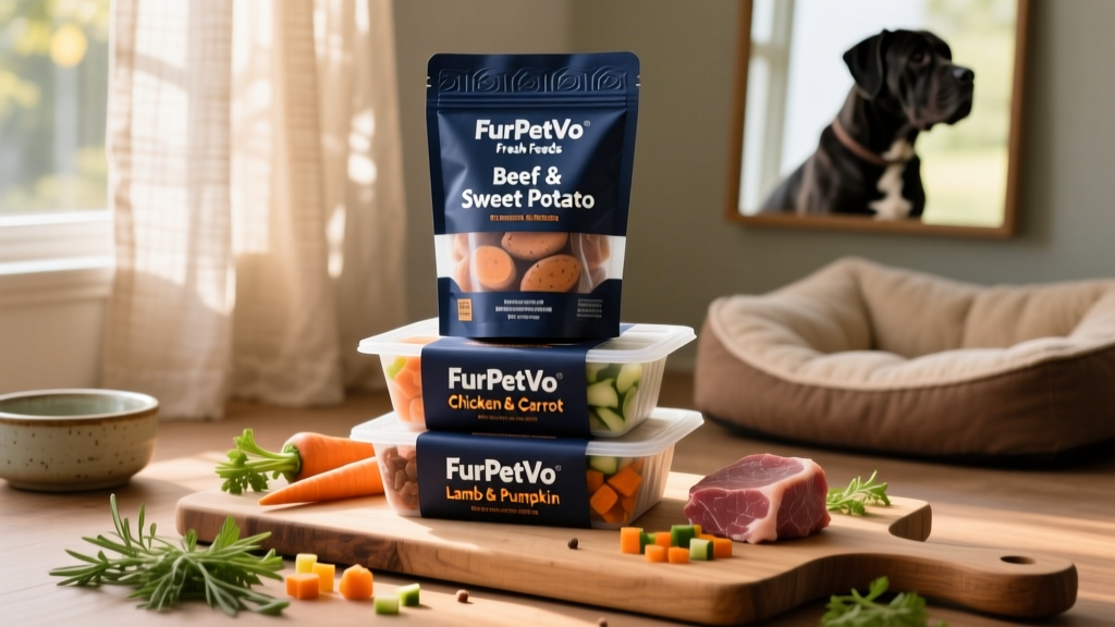 Three neatly stacked, labeled frozen meal pouches from FurPetVo Fresh Feeds, showing variety and portion control