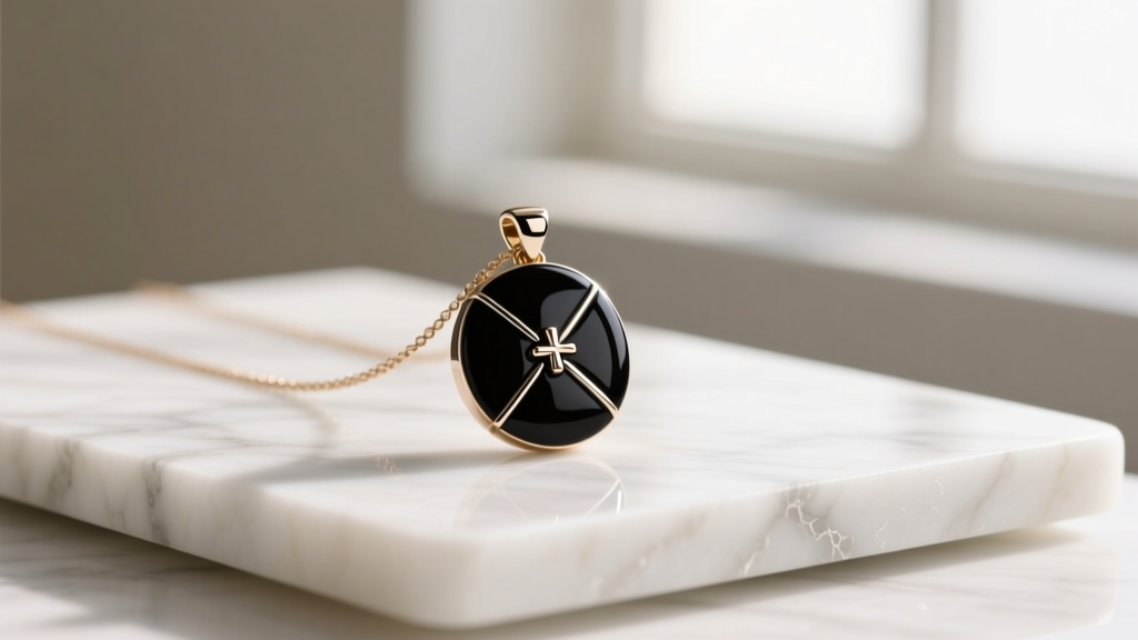 Macro shot of a black enamel Kate Spade pendant necklace on white marble, soft studio light highlighting the glossy resin finish.