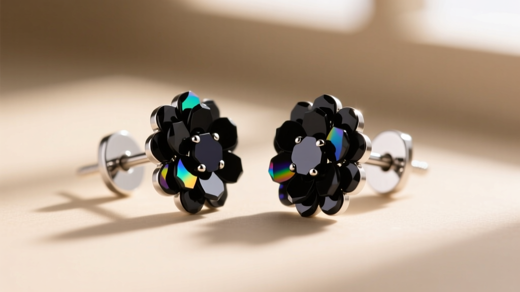 Macro shot of 20-gauge titanium earring posts with clear silicone backs, holding lightweight black sequin cluster studs.