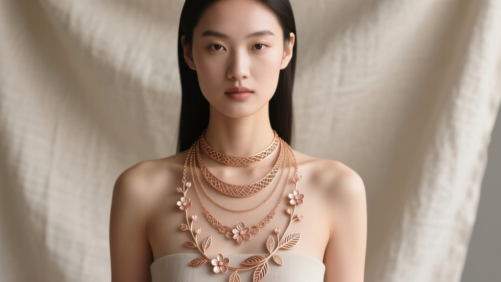 Model wearing a layered collection of handcrafted 14k rose gold botanical motif necklaces against a soft neutral linen backdrop.
