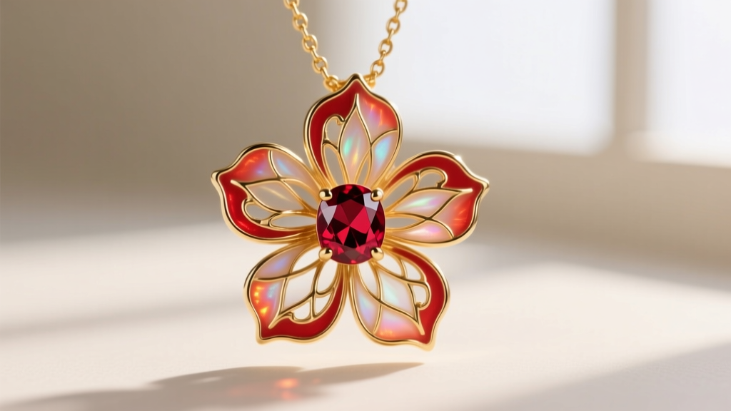Macro shot of an 18k gold red flower necklace pendant with translucent plique-a-jour enamel petals and a central ruby cabochon.
