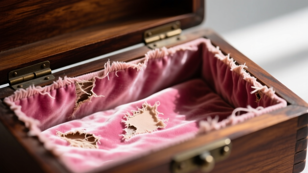 Close-up of worn pink rayon velvet interior lining inside an antique wooden jewelry box, showing faded sections and frayed edges.