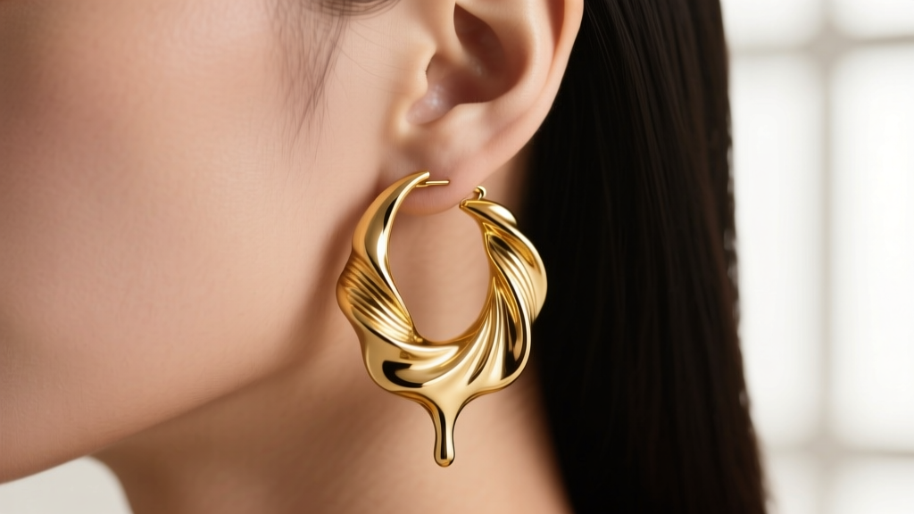 Close-up of a molten 14k solid gold sculptural hoop earring on a model, soft studio lighting highlighting the metallic ridges