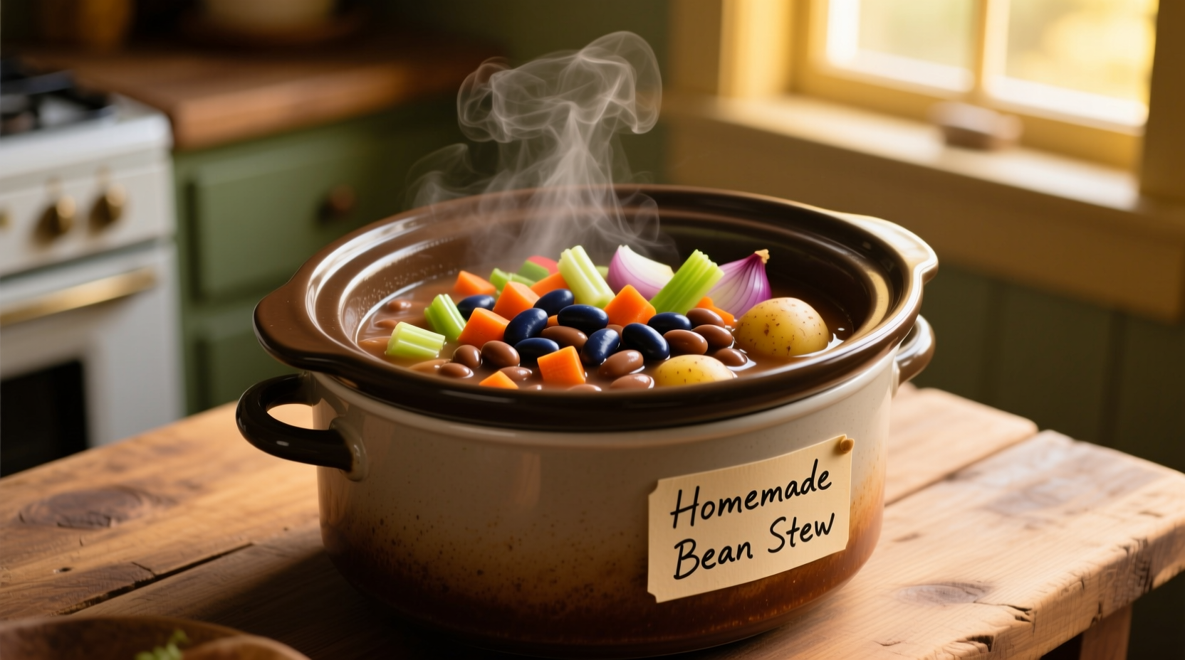 Crock pot filled with brown beans and vegetables