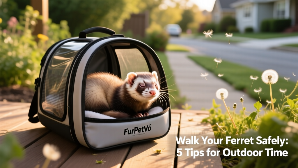 A relaxed ferret curled up inside a FurPetVo travel carrier, looking content after a short outdoor session