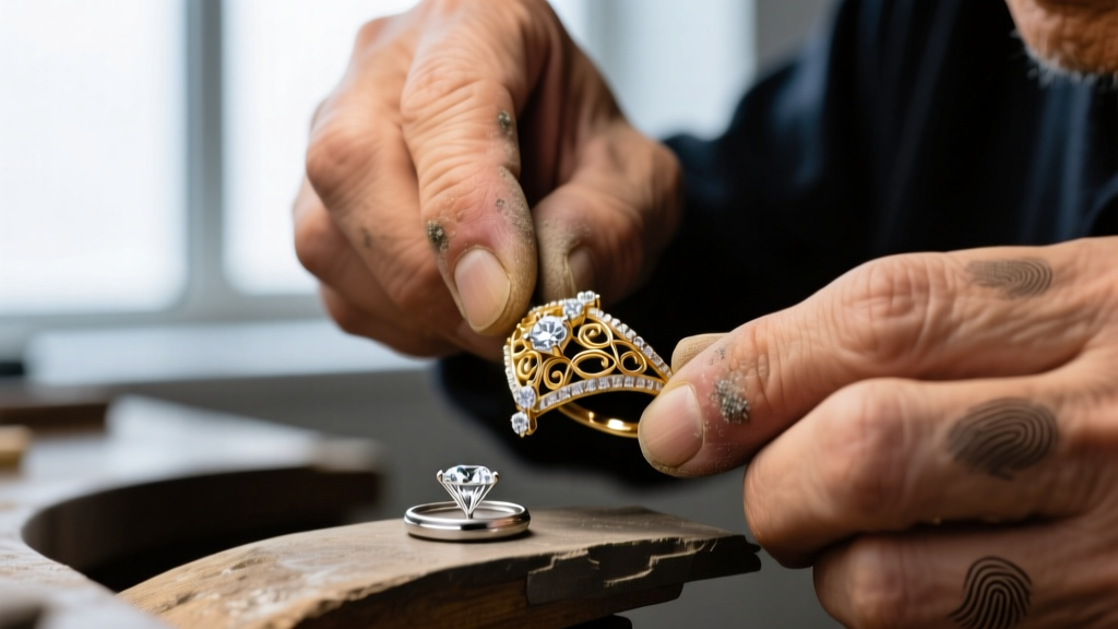 Extreme close-up of a jeweler's prong pusher tightening a 1mm melee diamond in a micro-pave halo setting on a platinum pendant.