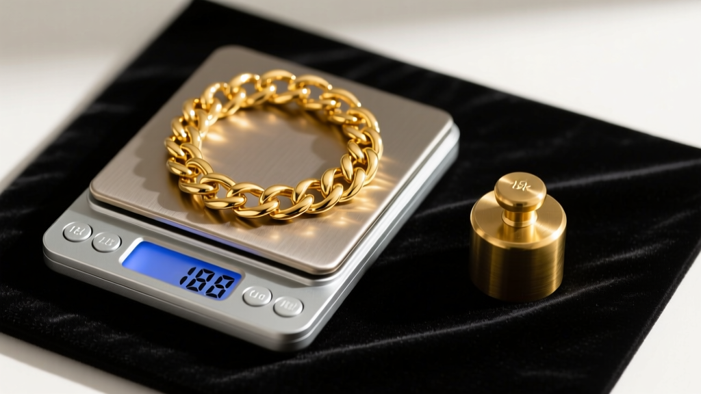 Digital scale weighing a heavy 18k gold Cuban link chain, with a brass calibration weight resting beside it on a black velvet mat