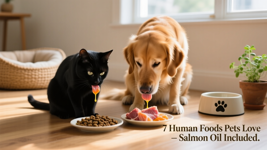 A cat and dog side-by-side, each enjoying a drizzle of salmon oil over their meals